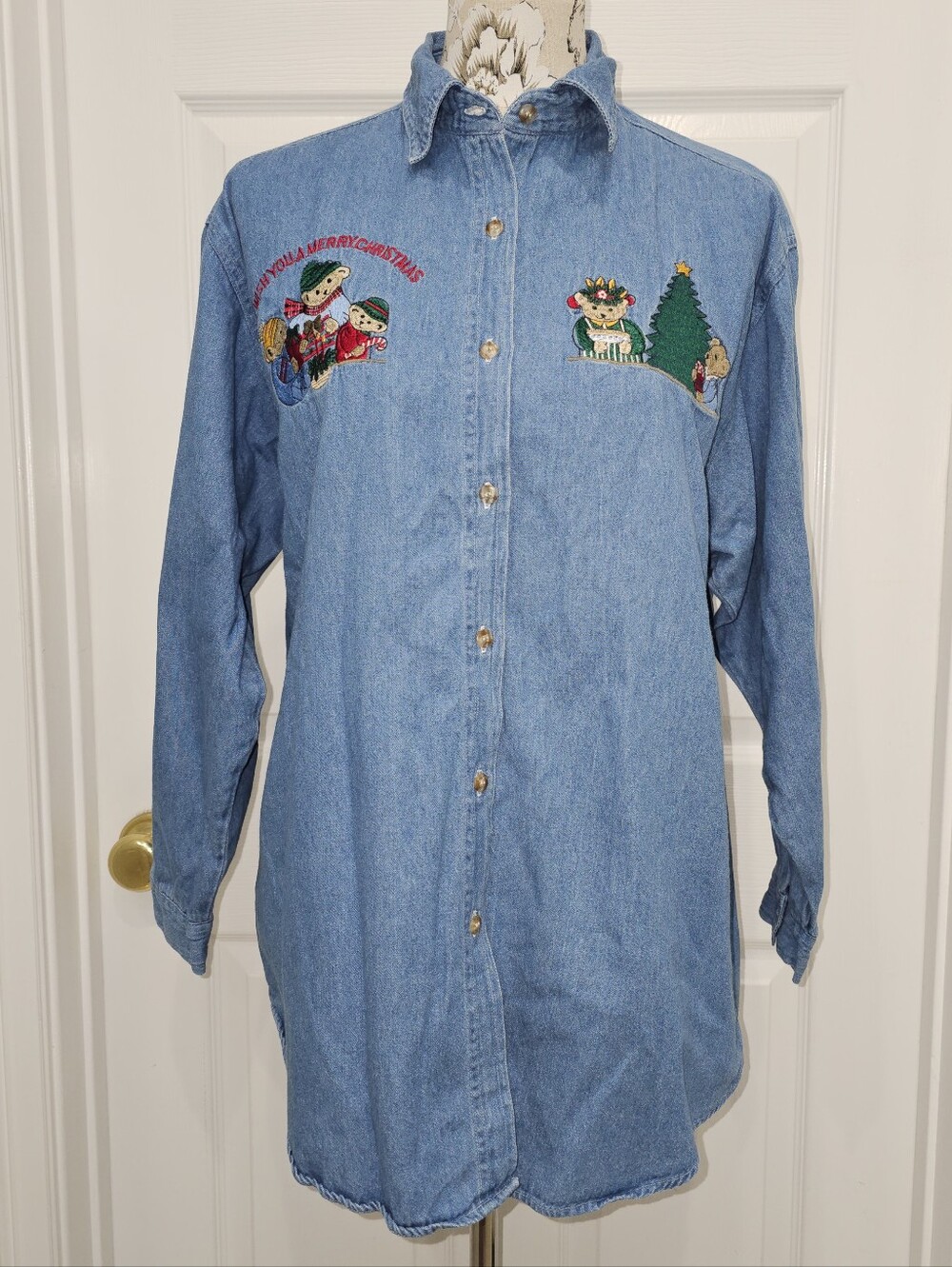 Vintage Quizz Denim Holiday Button-Up Shirt - Light Blue, Size Large - Picture 2 of 12